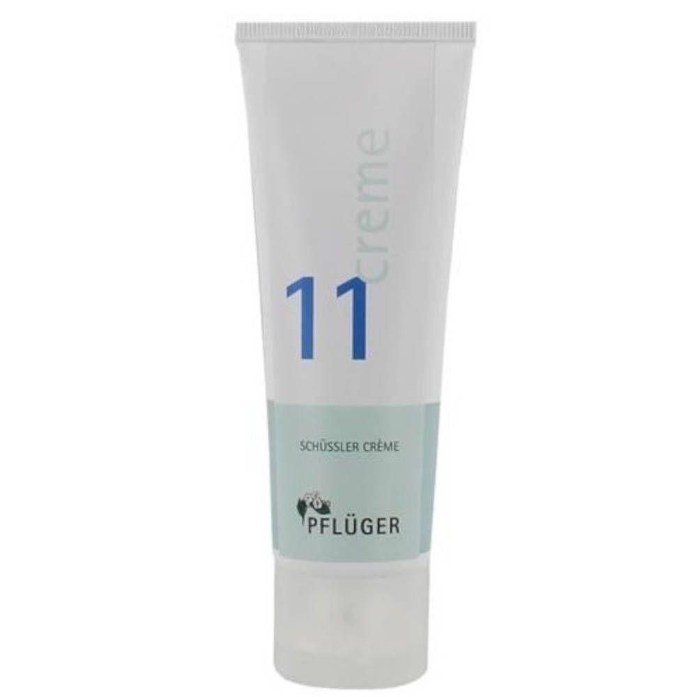 Tube blanche avec le numéro 11 bleu et le logo Pflüger. Crème Schüssler.