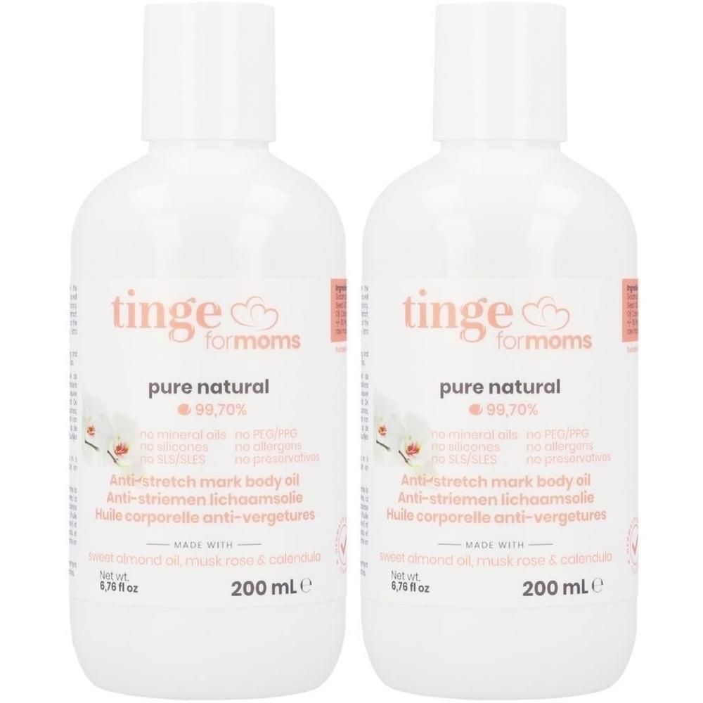 Deux flacons d'huile corporelle anti-vergetures Tinge for Moms, 200 ml.