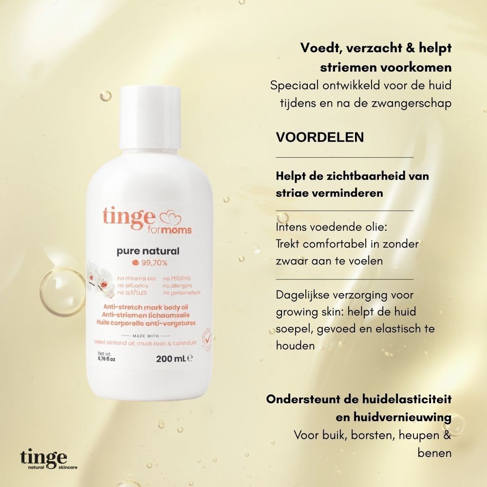 Fles Tinge for Moms anti-striemen lichaamsolie met Nederlandse teksten over voordelen.