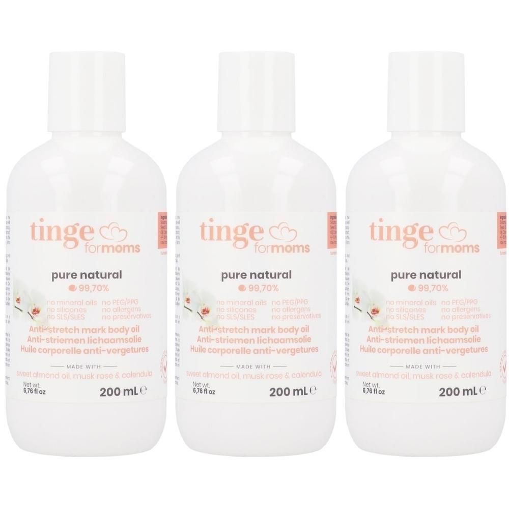 Trois flacons blancs d'huile corporelle anti-vergetures Tinge for Moms.