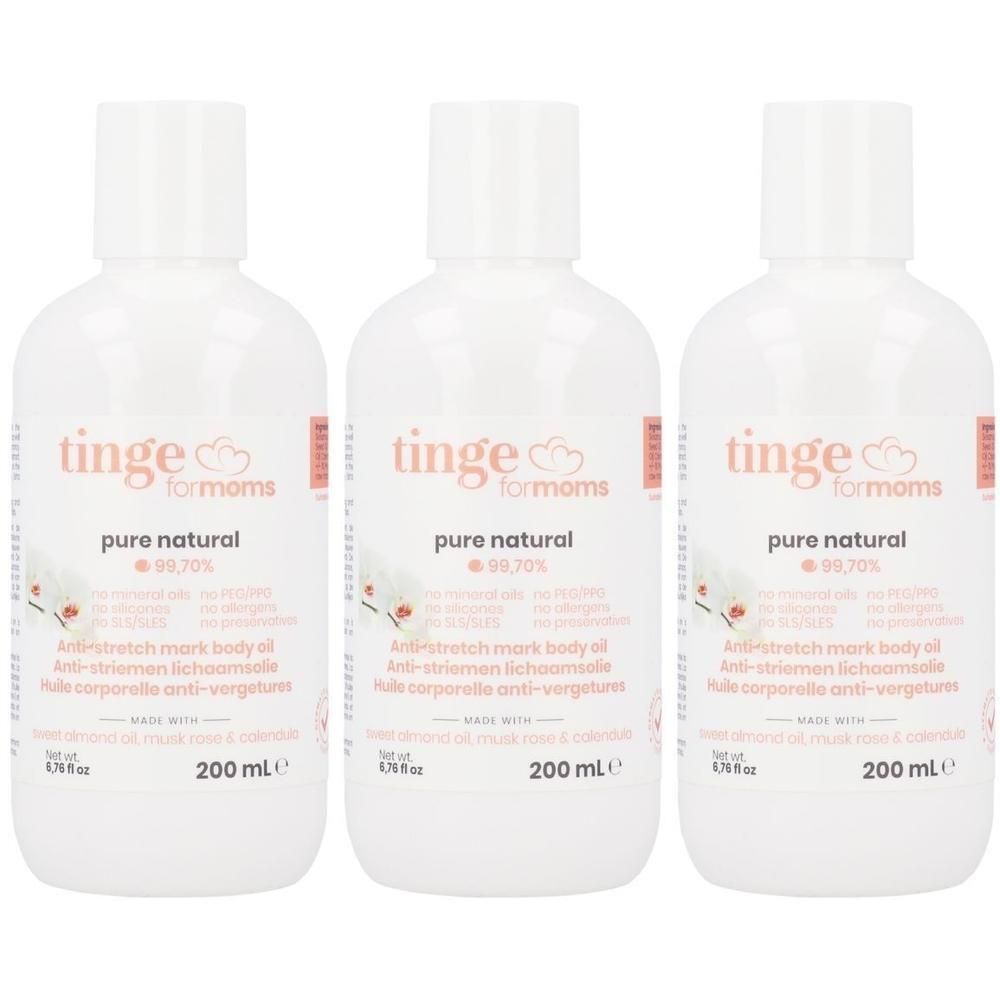 Drie witte flessen Tinge for Moms anti-stretch mark body oil.
