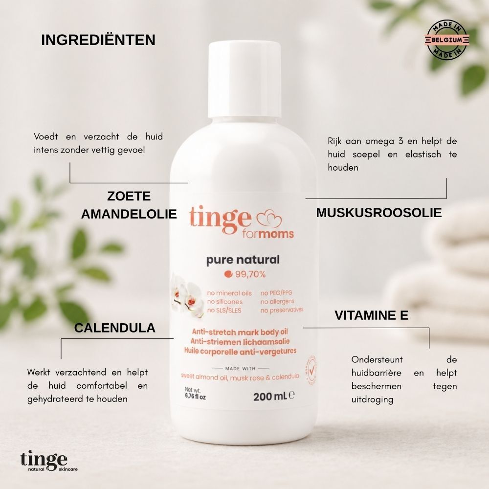 Een witte fles Tinge for Moms anti-stretch mark body oil met tekst.