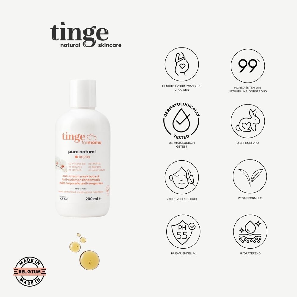 Een witte fles Tinge for Moms anti-stretch mark body oil met tekst.