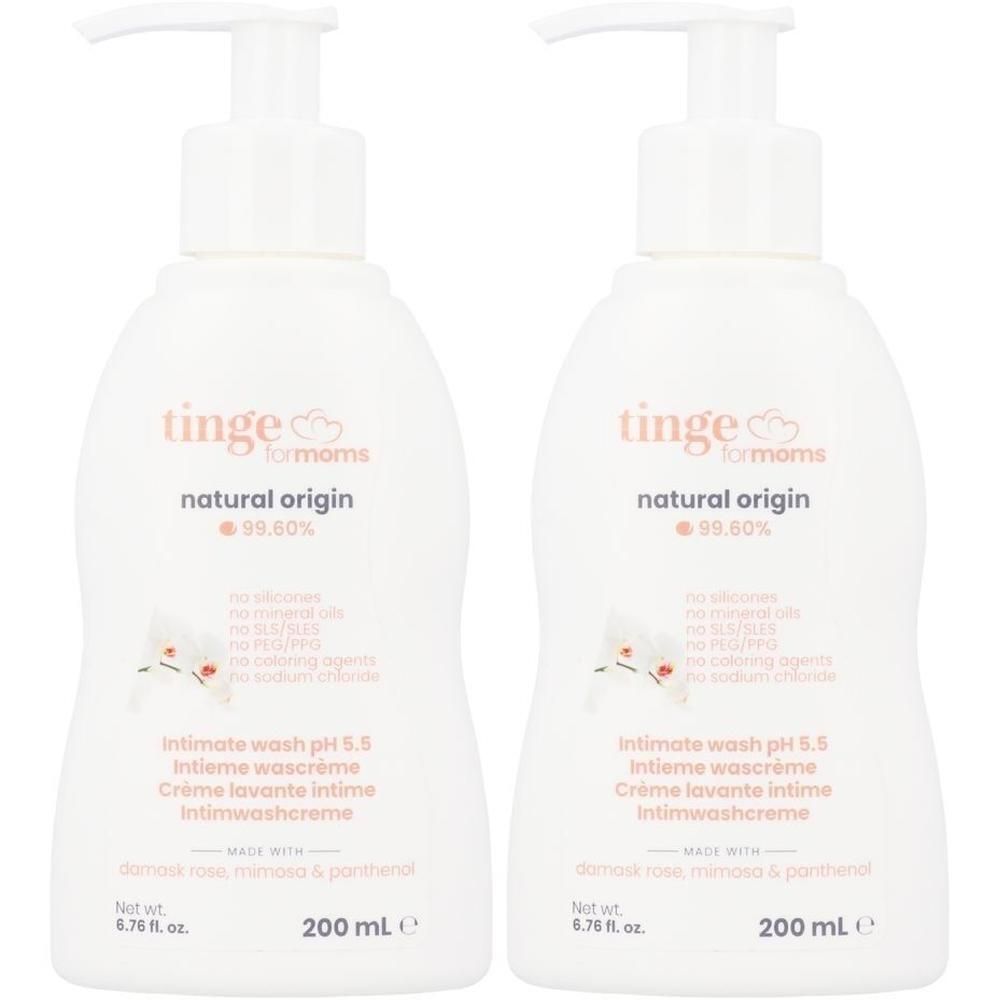 Twee witte pompflesjes Tinge Intieme Wascrème, 200 ml.