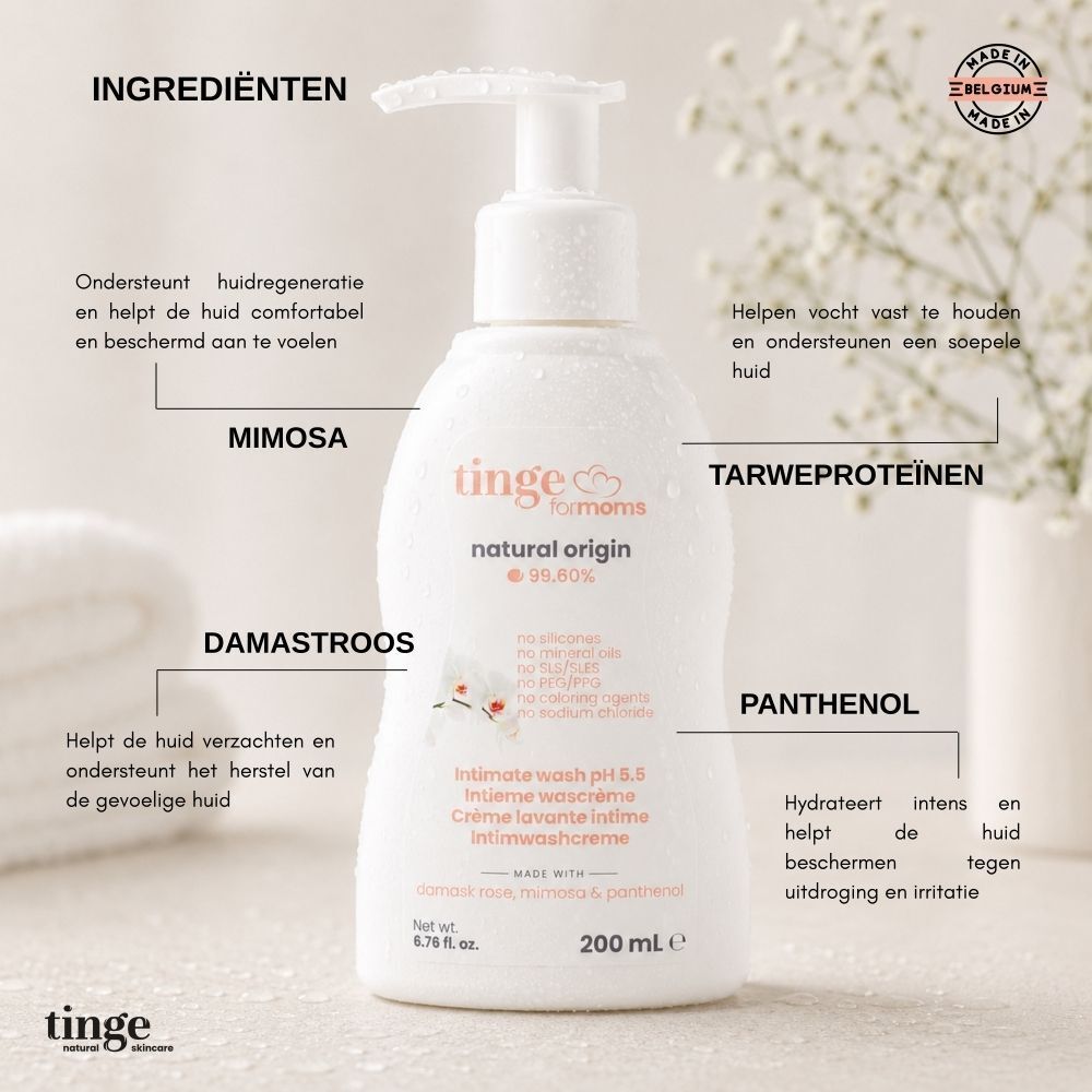 Witte pompfles met intieme wasgel, 200 ml, met tekst en iconen.