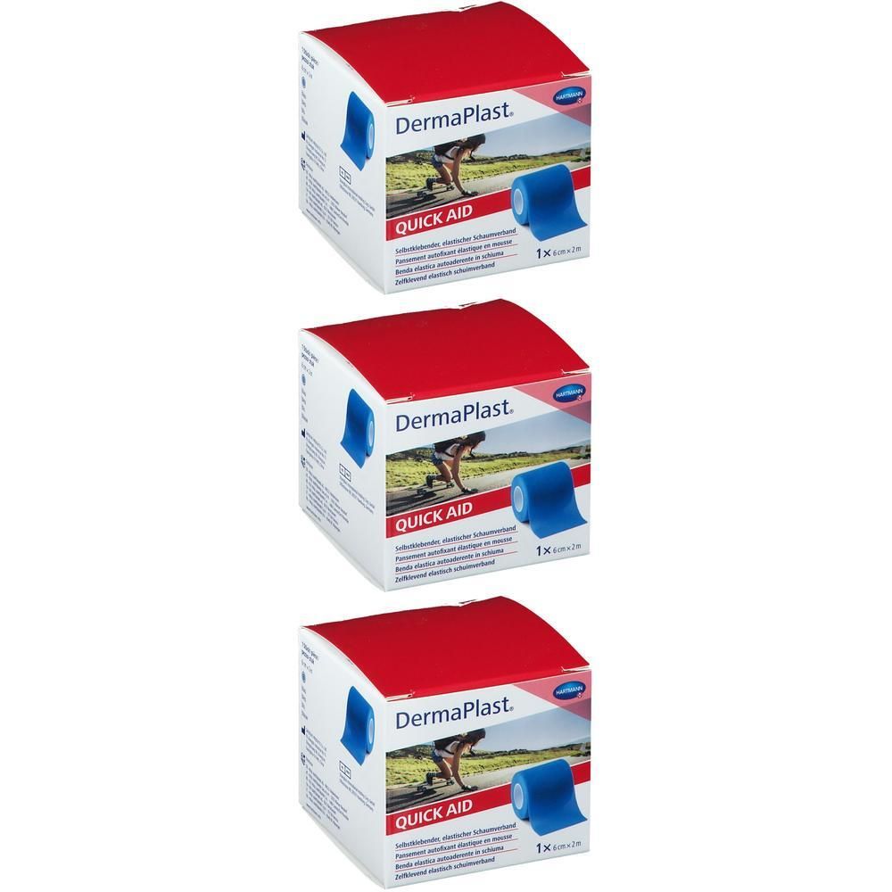 Drie pakken Hartmann Dermaplast Quick Aid verbandrol, blauw.
