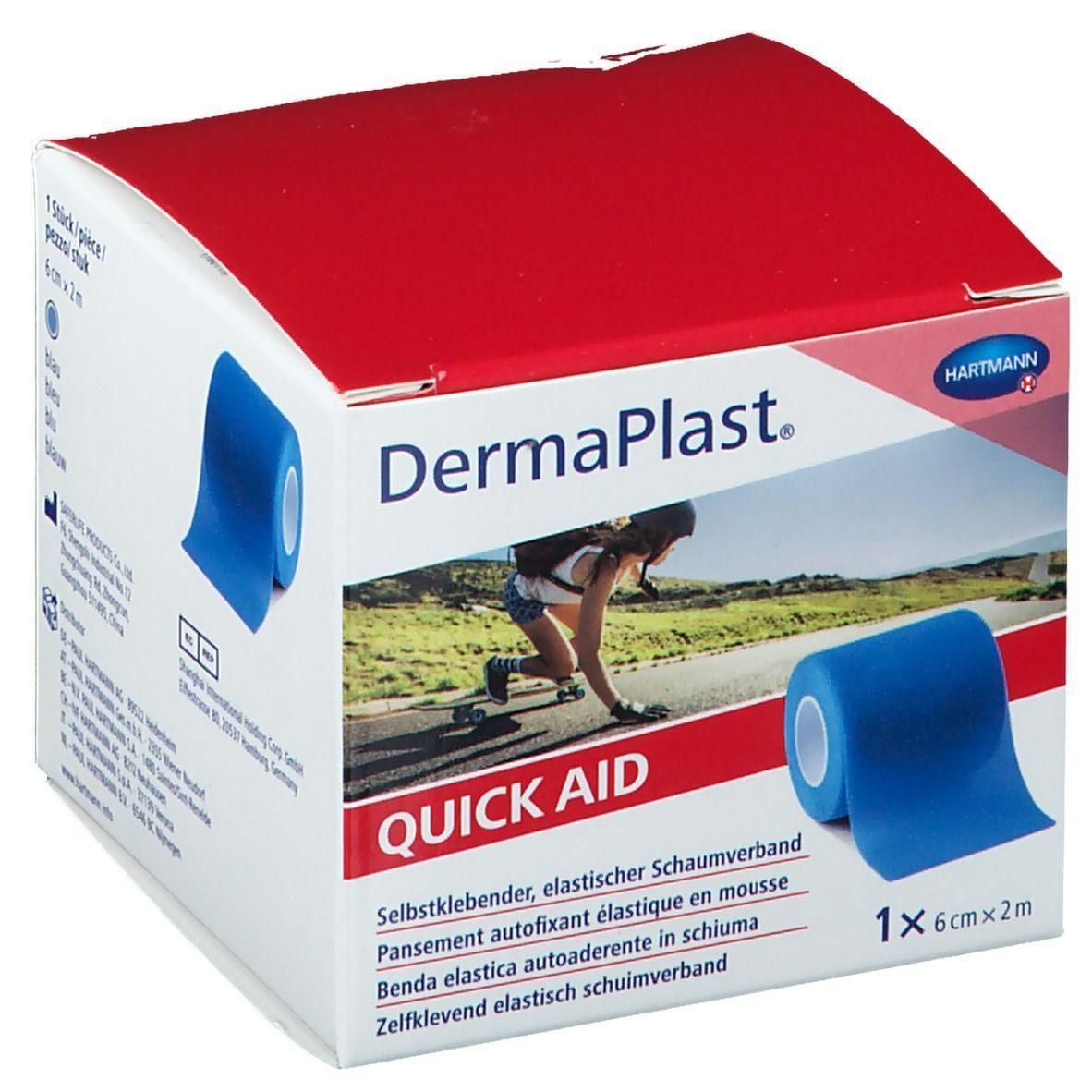 Blauwe elastische schuimverbandrol, 6cmx2m, op kartonnen verpakking.