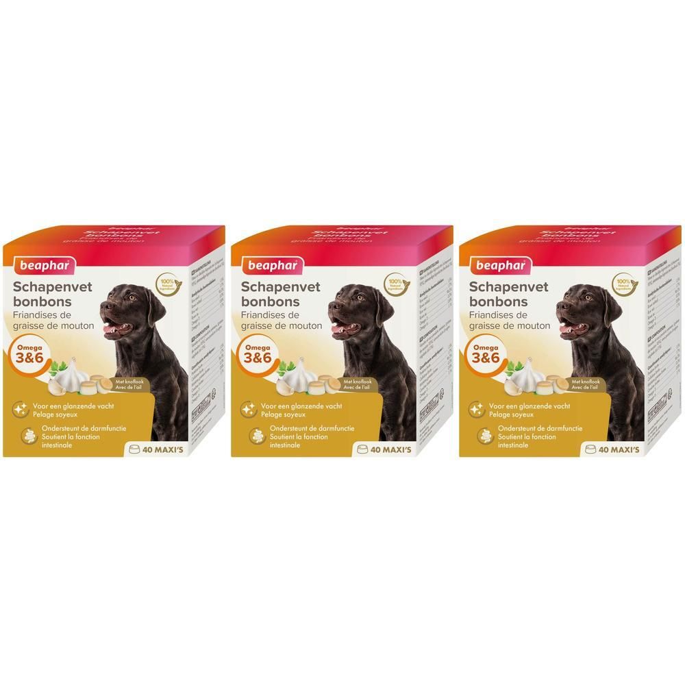 Drie pakken Beaphar Schapenvet bonbons voor honden met Omega 3 & 6.