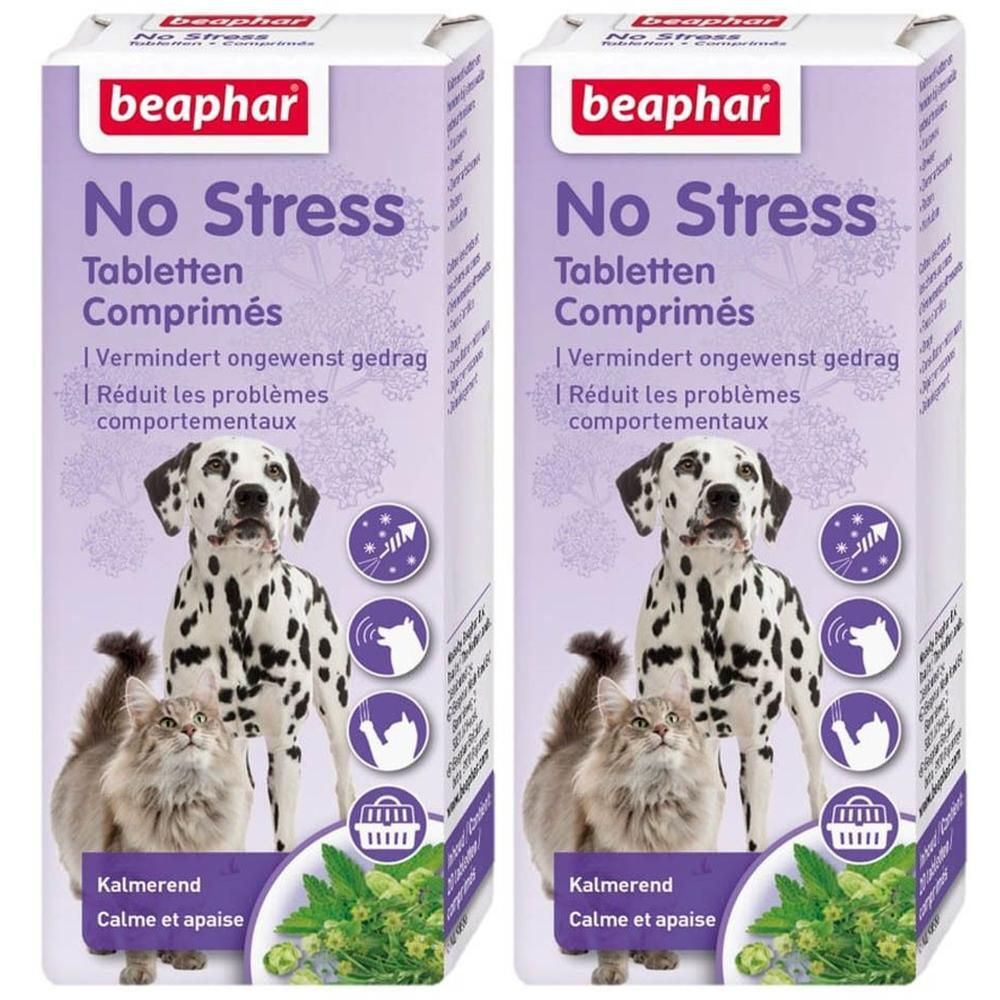 Beaphar No Stress Comprimés pour chiens et chats. Lot de deux boîtes, avec un chien et un chat.