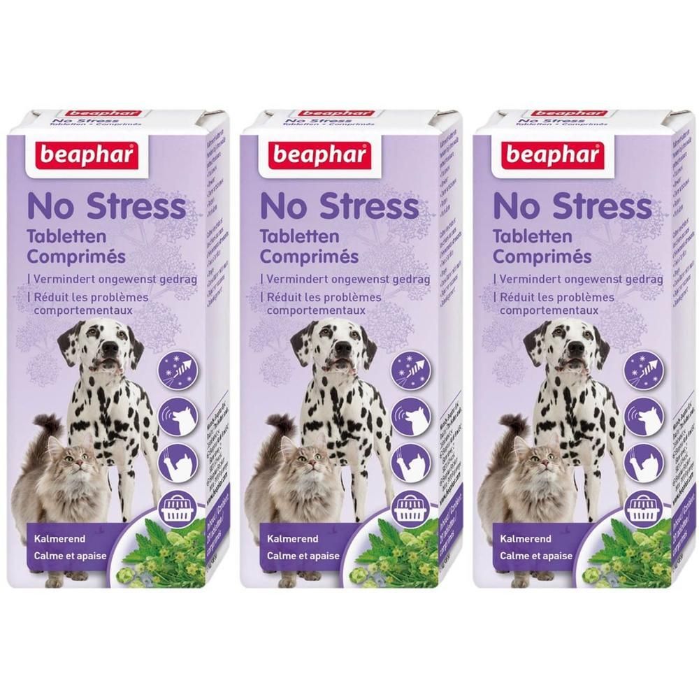 Trois paquets de comprimés Beaphar No Stress pour chiens et chats, avec illustrations de chien, chat et plantes.