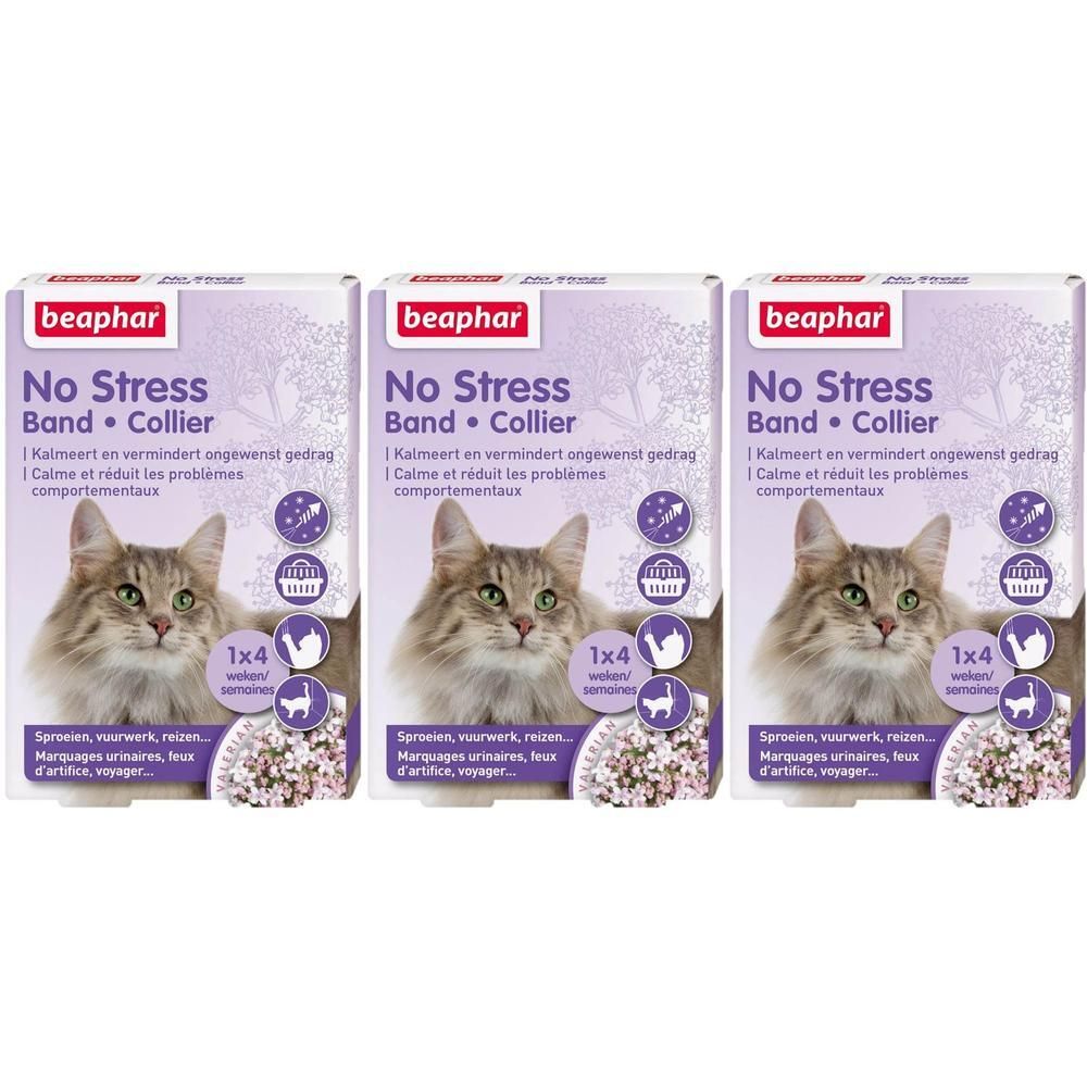 Drie verpakkingen Beaphar No Stress Band voor katten. Elke verpakking toont een kat en bevat 1x4 halsbanden.