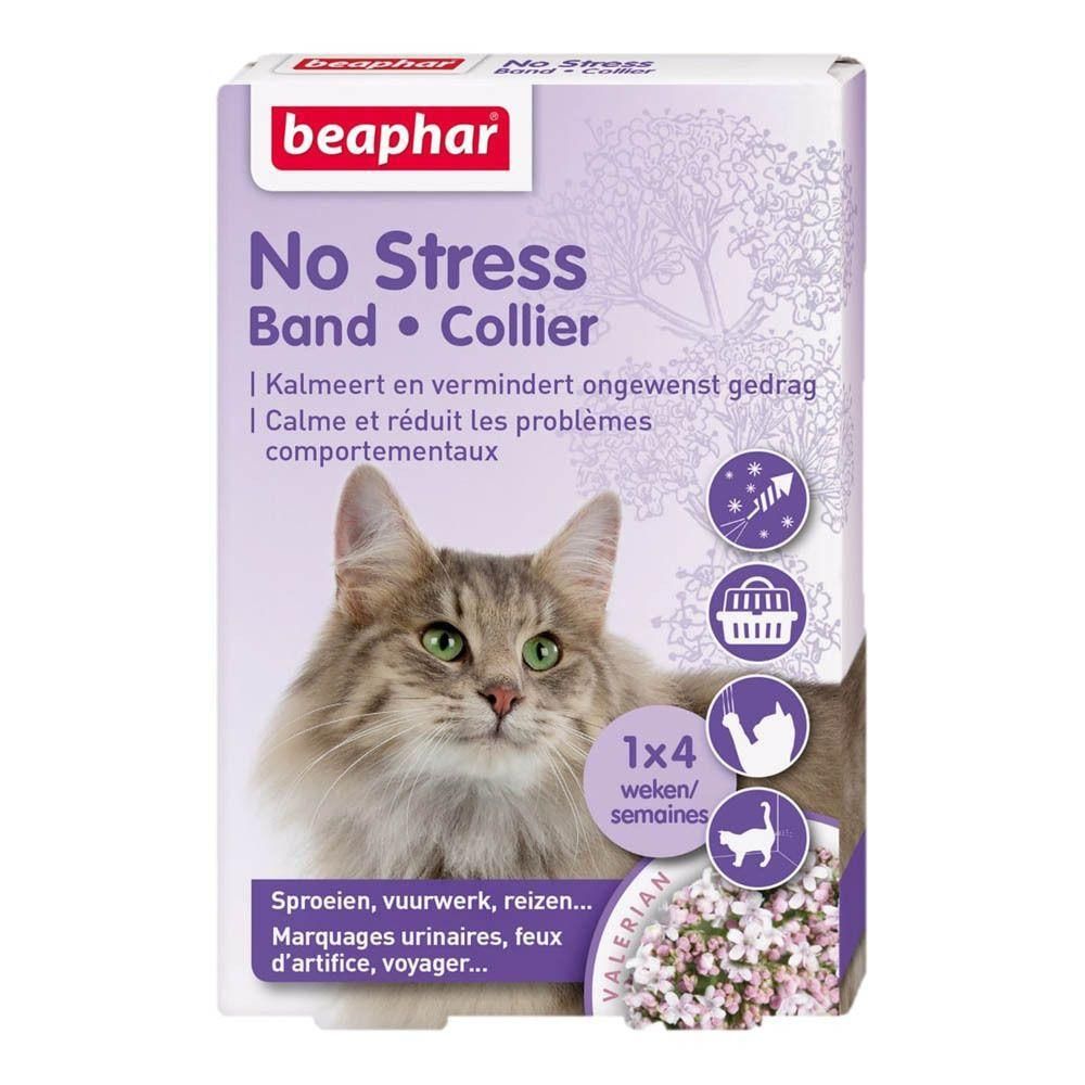 Collier anti-stress Beaphar pour chat. Calme et réduit les problèmes comportementaux. Avec illustrations de chat, panier, feu d'artifice.