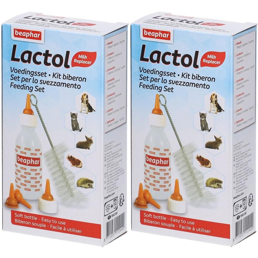 Kit d'alimentation Beaphar Lactol avec biberon, brosse et tétines pour jeunes animaux.