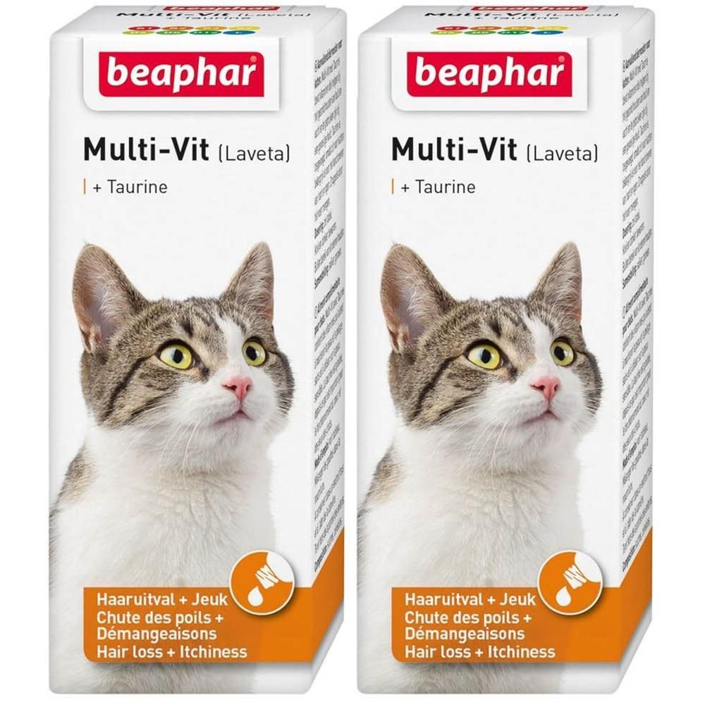 Twee Beaphar Multi-Vit (Laveta) verpakkingen voor katten met taurine. Toont een kat en tekst over haaruitval en jeuk.