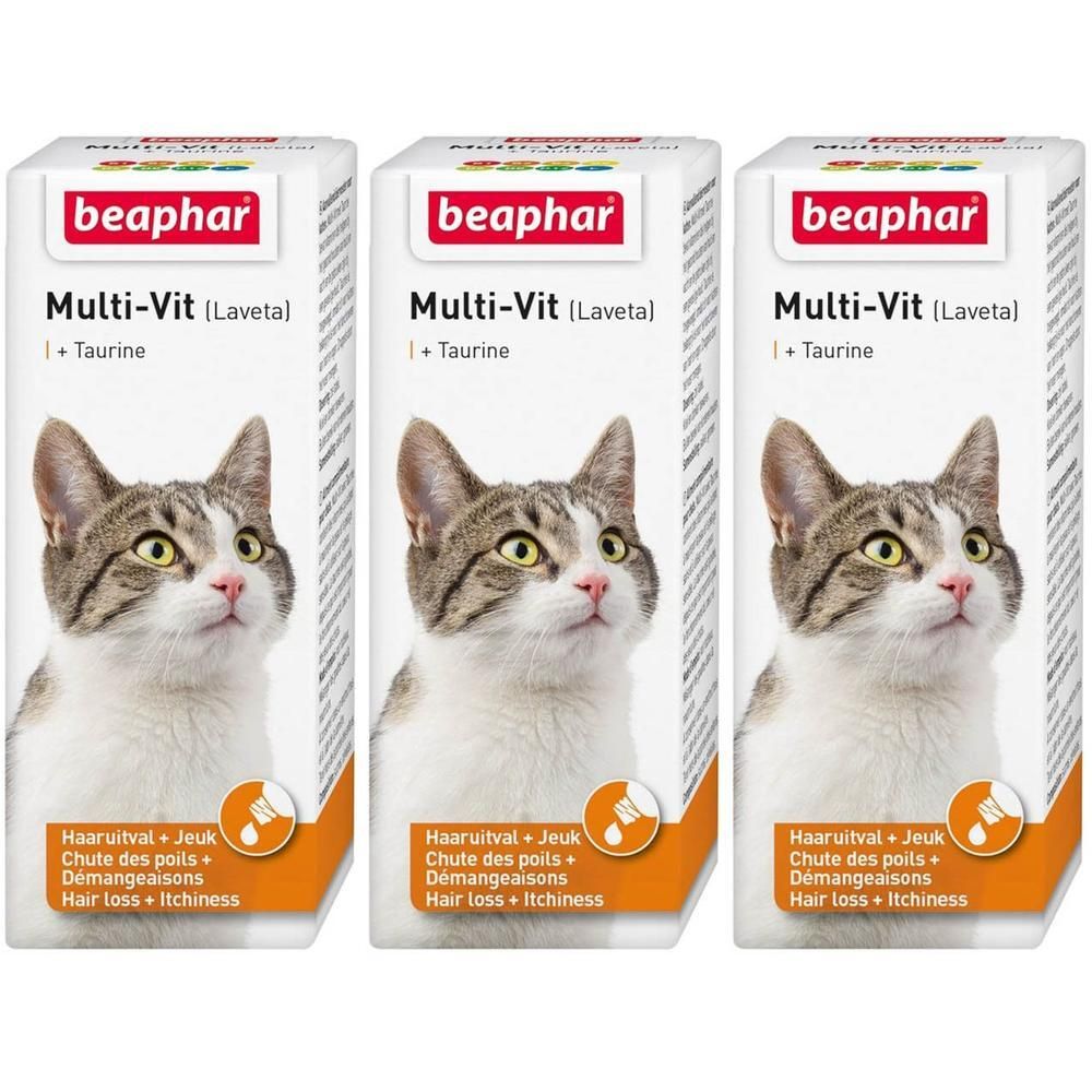 Drie Beaphar Multi-Vit kattenvoer verpakkingen met kattenafbeelding en taurine vermelding.