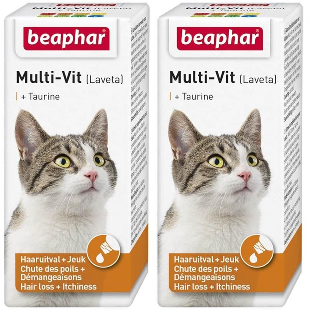 Twee Beaphar Multi-Vit (Laveta) verpakkingen met Taurine voor katten. Toont een kattenportret en tekst over haaruitval en jeuk.