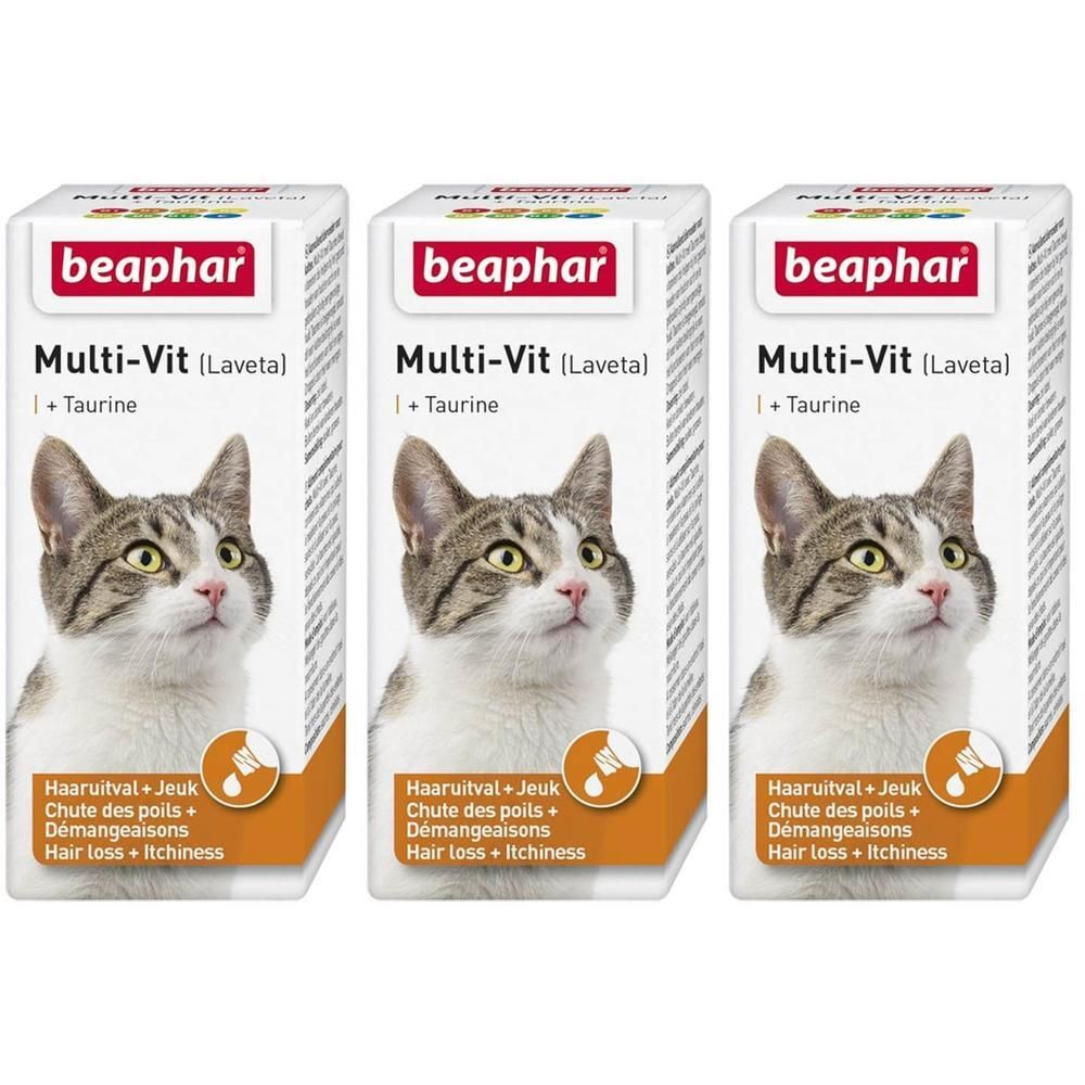 Drie Beaphar Multi-Vit kattenvoer verpakkingen met kattenafbeelding en taurine vermelding.