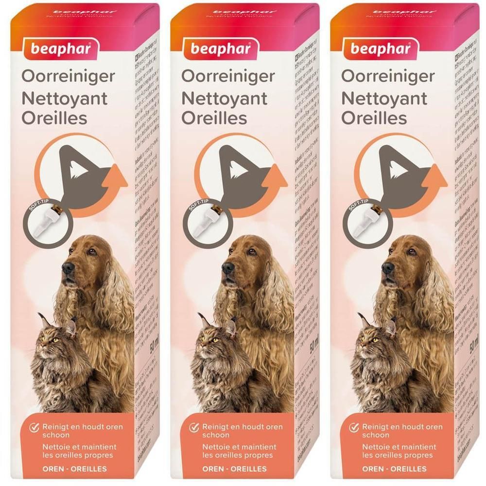 Trois boîtes de Nettoyant Oreilles Beaphar avec un chien et un chat.