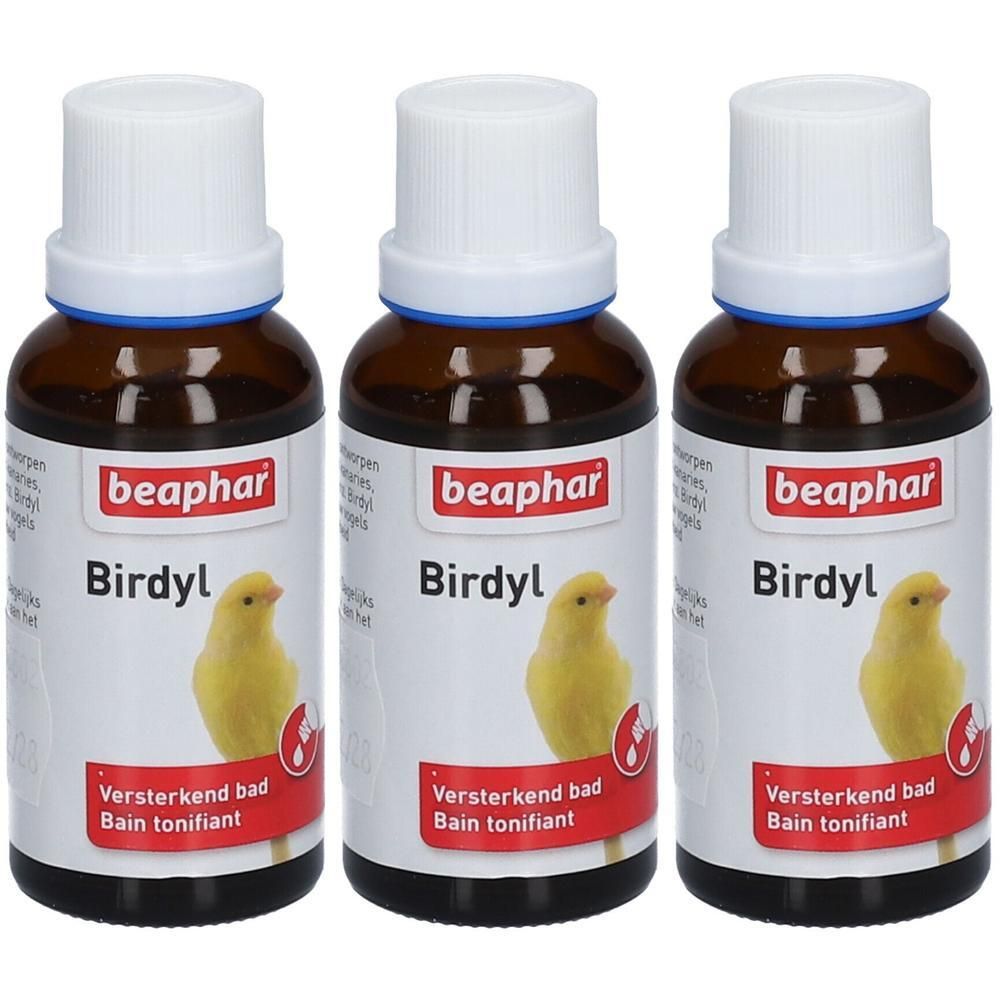 Drie bruine glazen flesjes met witte doppen, Beaphar Birdyl etiketten met gele kanarie.