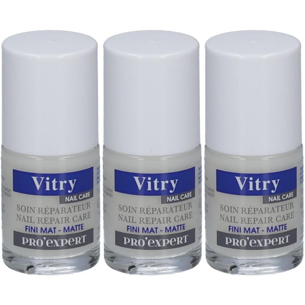 Trois flacons Vitry Nail Care Soin Réparateur Pro Expert. Soin des ongles clair avec bouchon blanc.