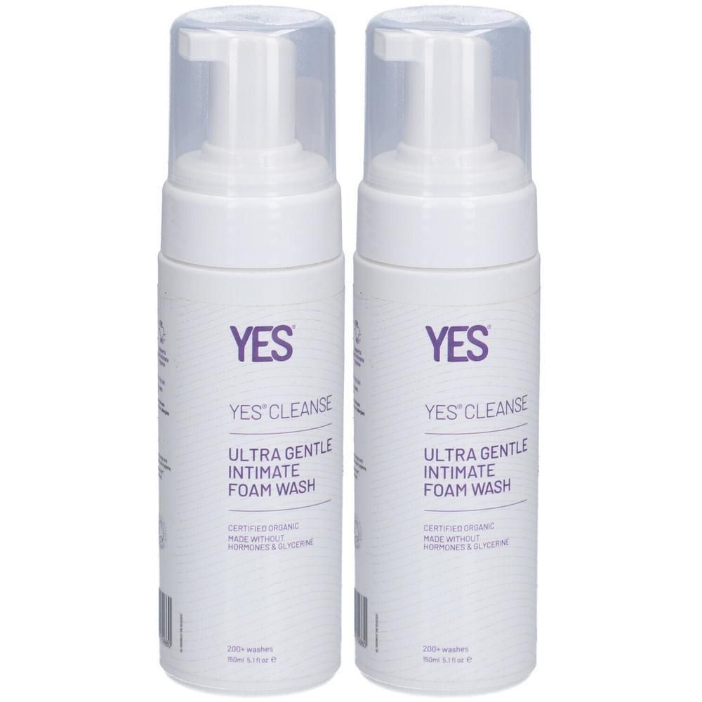 Twee flessen Yes® Cleanse Ultra Gentle Intimate Foam Wash met pompdop.