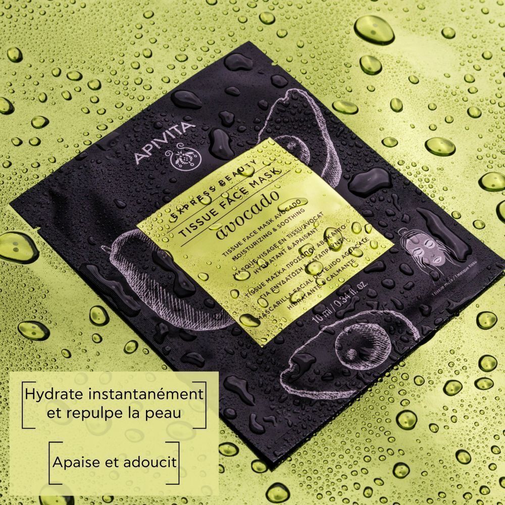 Apivita Express Beauty Masque Tissu Avocat, 10ml. Sur fond noir avec des gouttes d'eau.