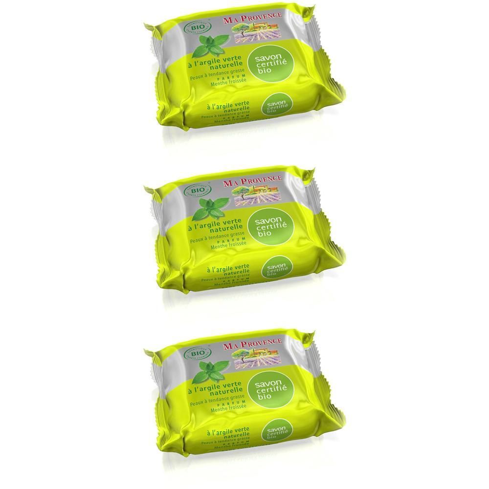 Drie verpakte zepen met groene klei, biologisch gecertificeerd.