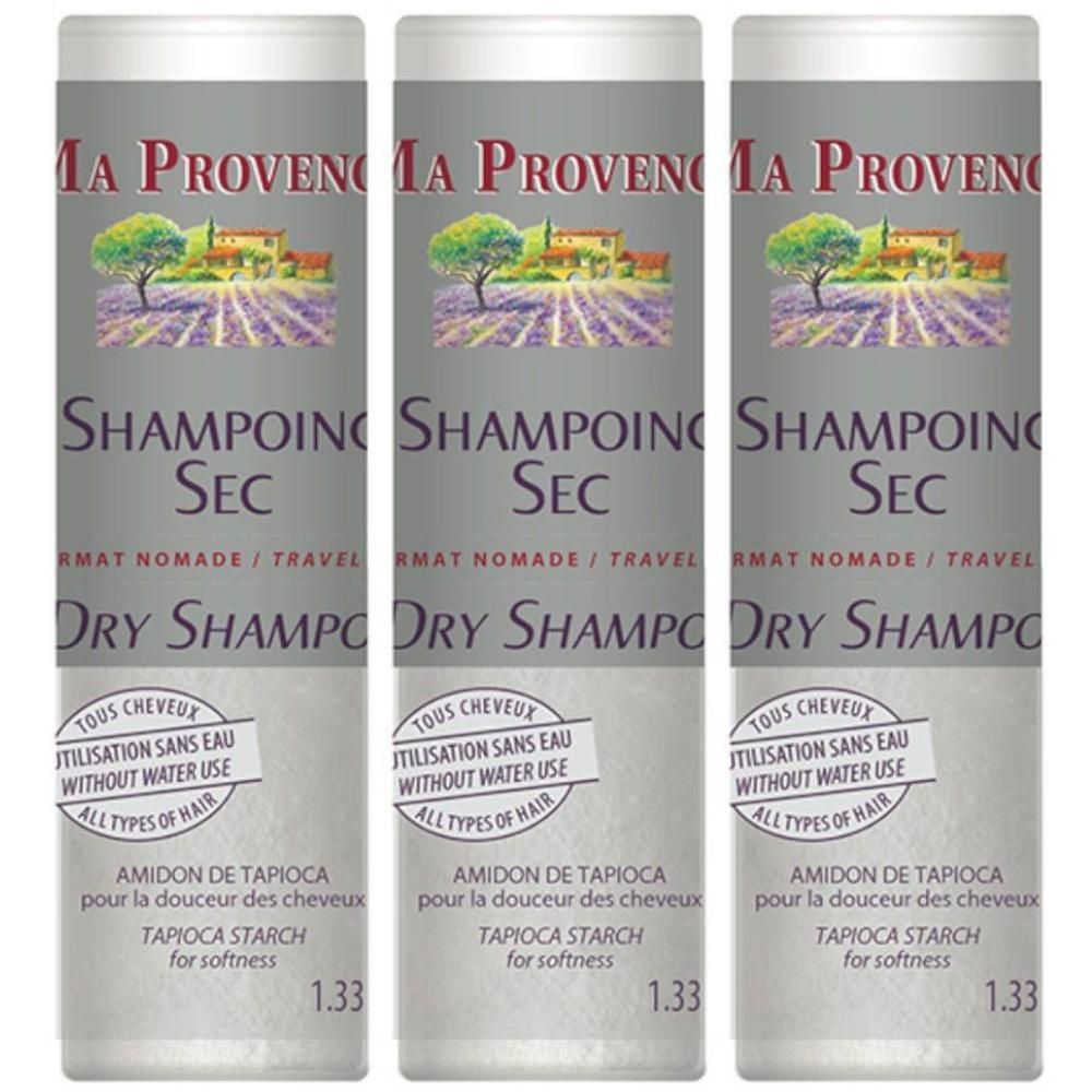Drie bussen Ma Provence droogshampoo met lavendelveld-afbeelding. Voor alle haartypes.