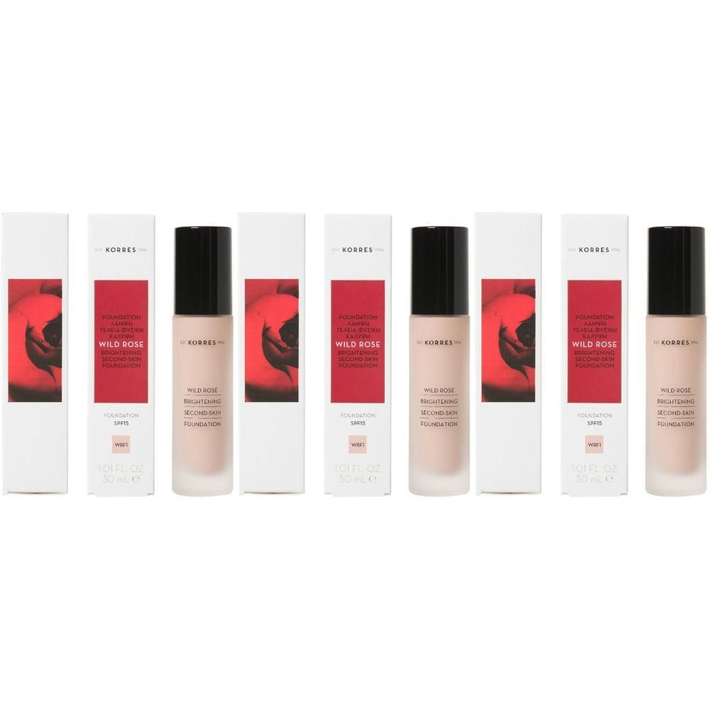 Zes flacons Korres Wild Rose Foundation in de tint 'Ochre'.