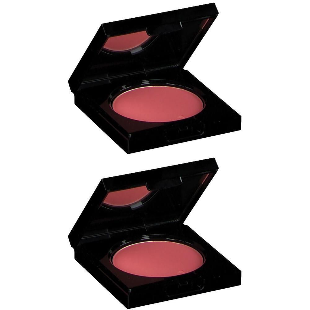 Twee geopende zwarte poederdoosjes met elk een roze blush en een spiegel.