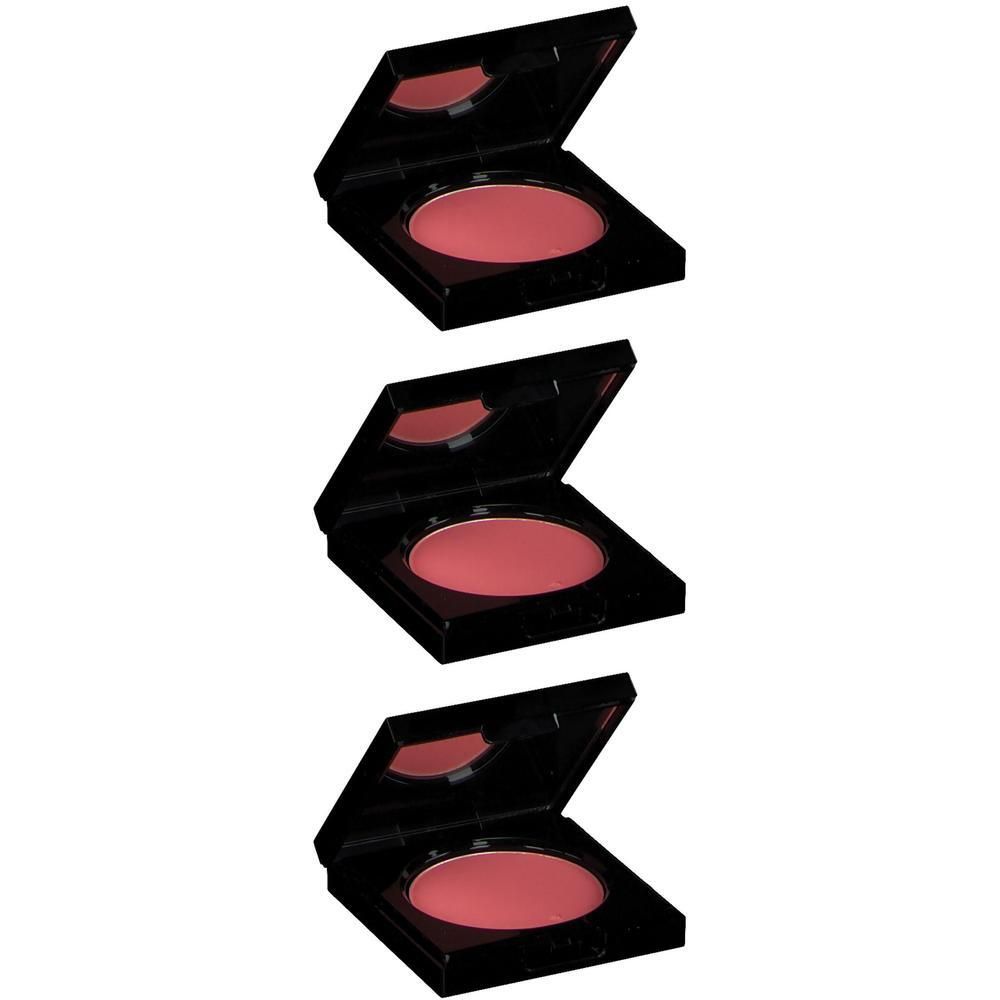 Trois poudriers carrés noirs ouverts, chacun contenant un fard à joues rose et un miroir.