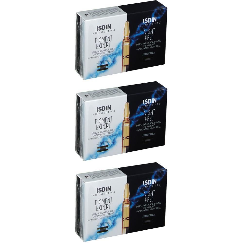 Trois boîtes Isdinceutics Pigment Expert et Night Peel. Chaque boîte présente une ampoule.