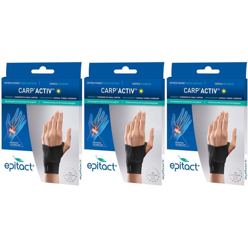 Drie Epitact Carp'Activ polsbraces rechts, large, in originele verpakking.