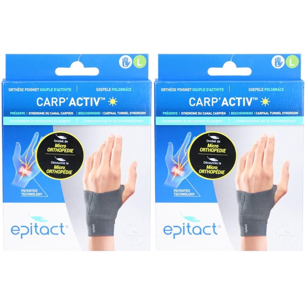 Twee Epitact CARP'ACTIV polsbraces in grijs, maat L, voor de linkerpols.