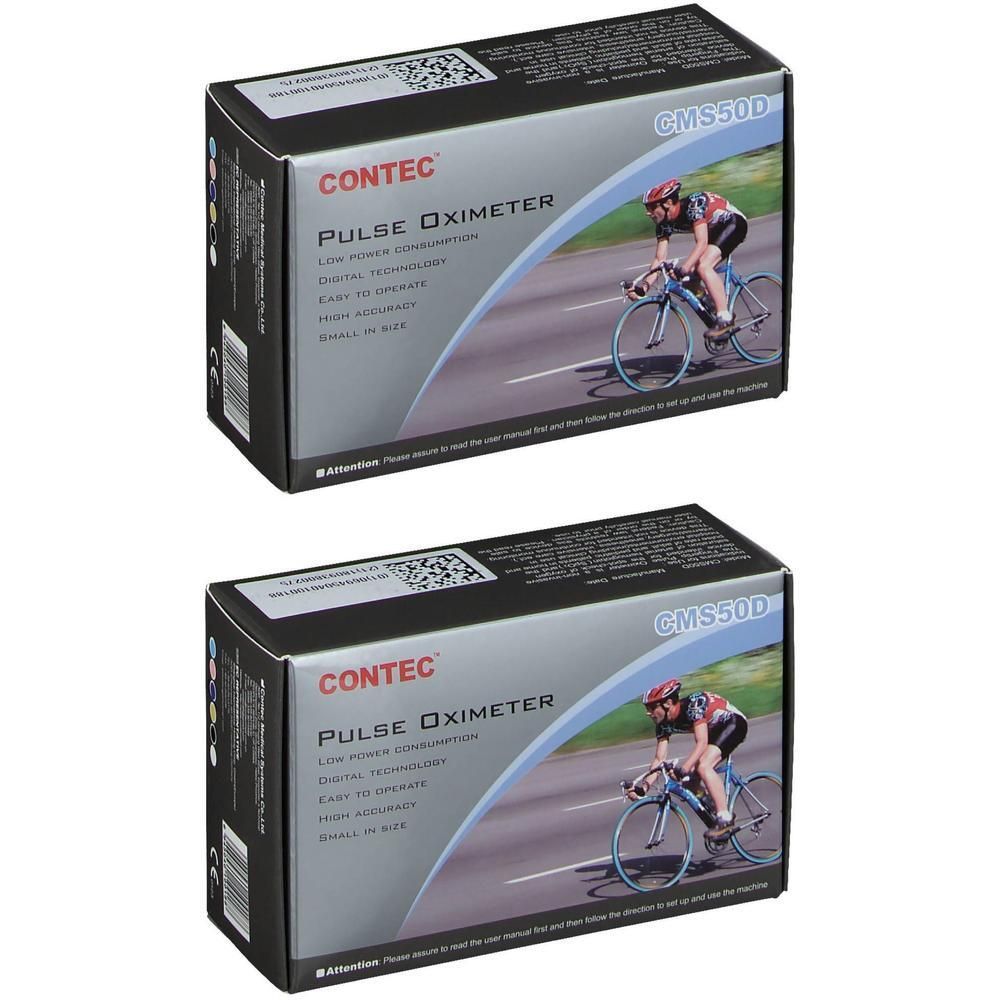 Verpakking CONTEC Pulsoximeter CMS50D met fietser afbeelding. Digitale weergave, laag stroomverbruik.