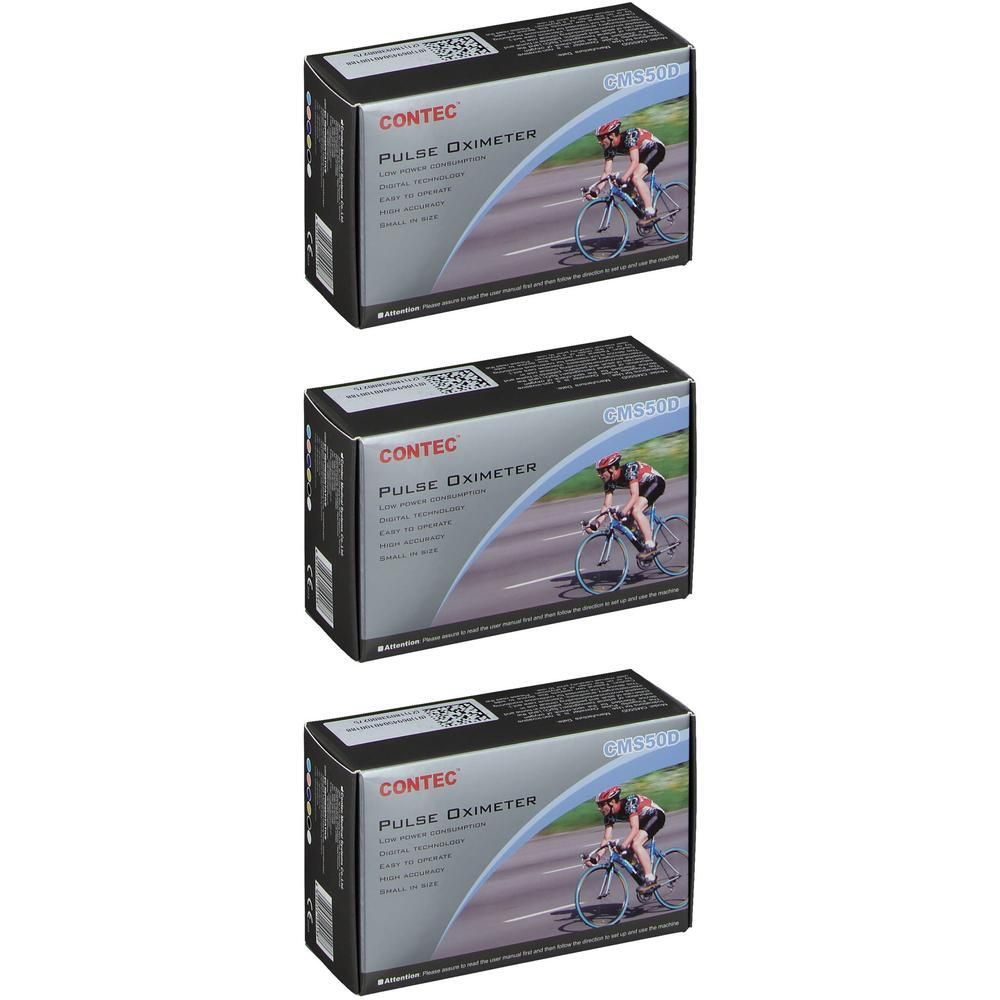 Trois boîtes de CONTEC Puls Oxymeter avec image d'un cycliste.