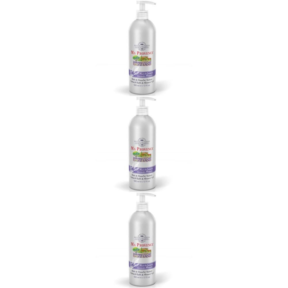 Trois flacons pompe argentés de gel douche lavande. Étiquette 'Ma Provence' et 'Fleur de Lavande'.