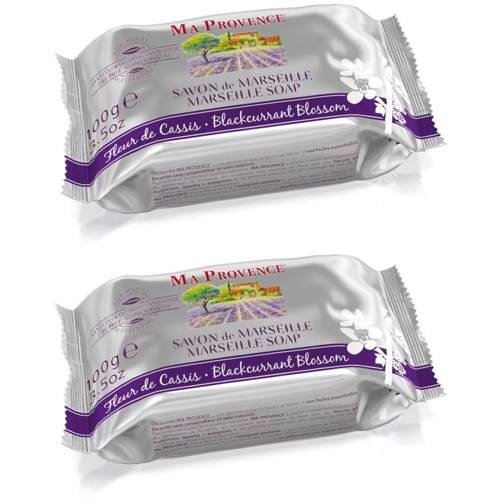 Deux savons Ma Provence Fleur de Cassis emballés, 100g chacun.
