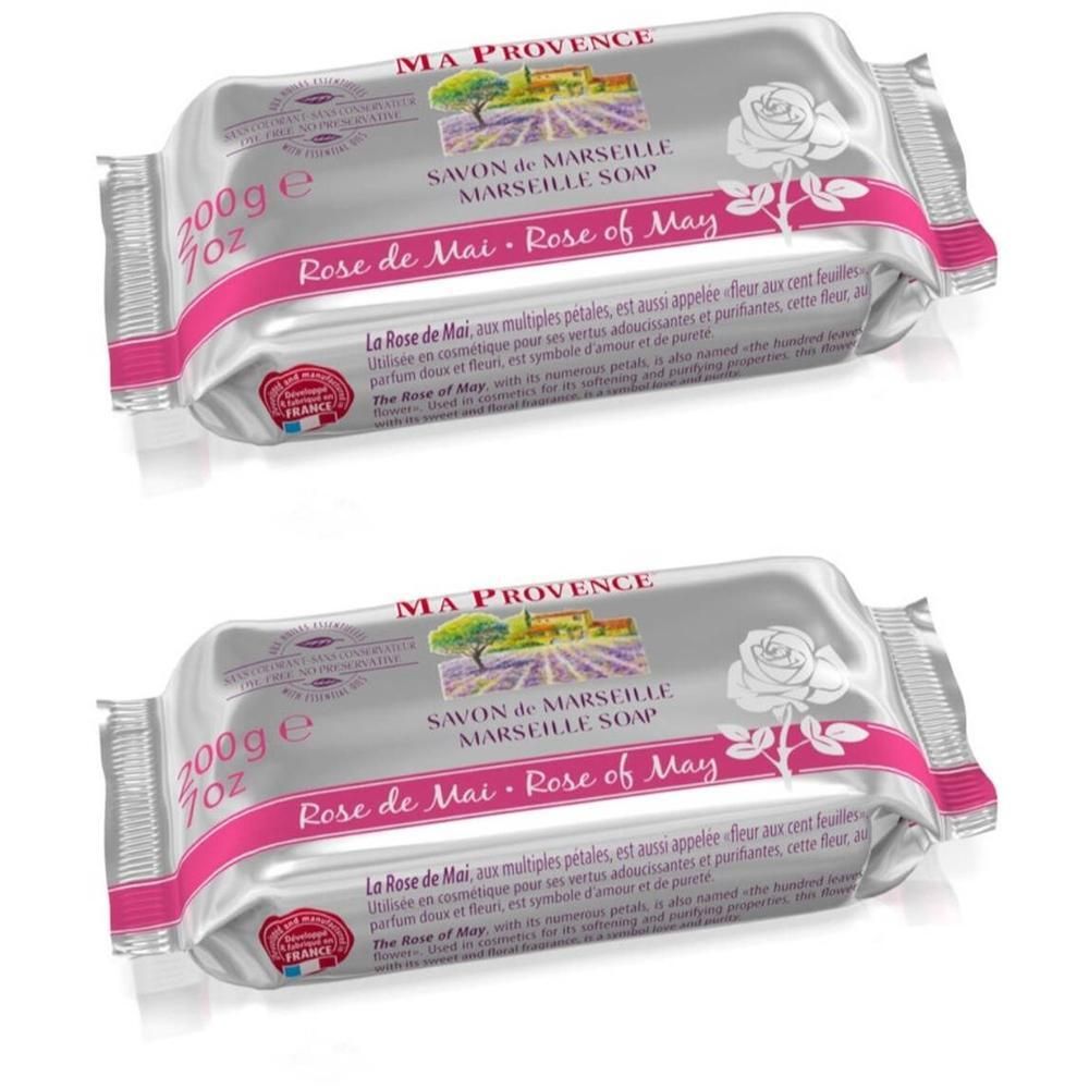 Deux savons "Rose de Mai" de Ma Provence, 100g chacun, emballés.