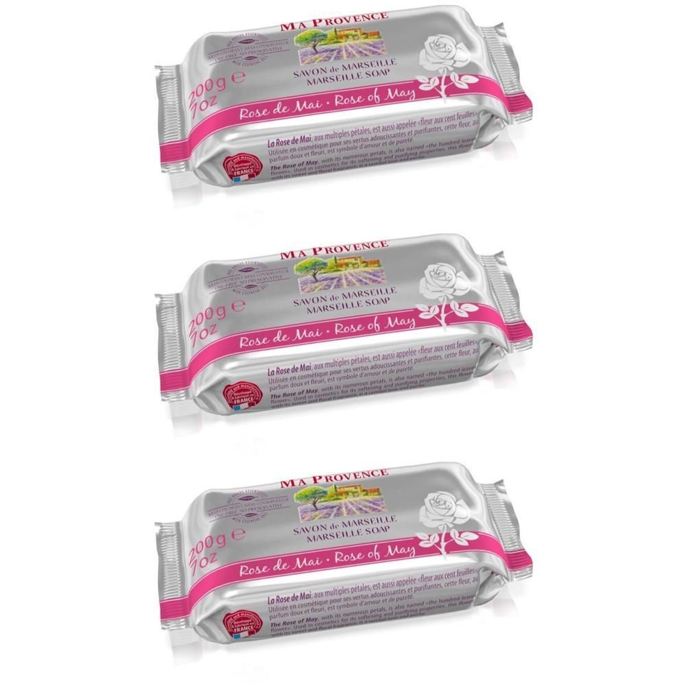 Drie verpakte Ma Provence zeepjes, Rose de Mai geur.