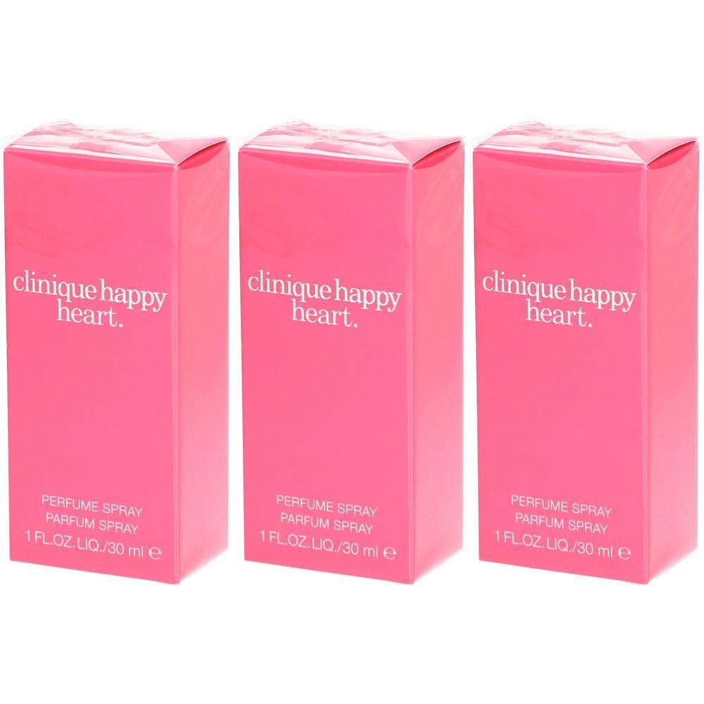 Drie roze verpakkingen van Clinique Happy Heart parfum spray.