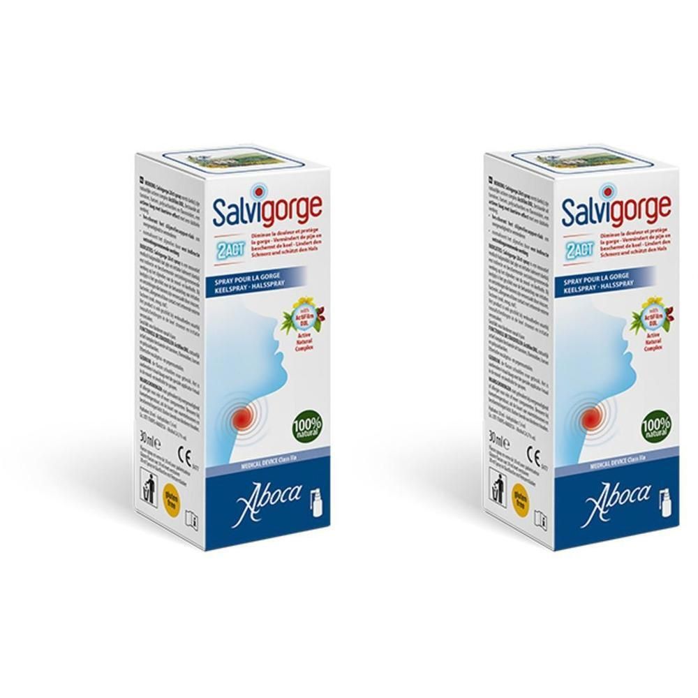Twee dozen Aboca Salvigorge 2Act Spray. De verpakking toont een gestileerde blauwe hoofdsilhouet met een rood gebied in de keelregio.