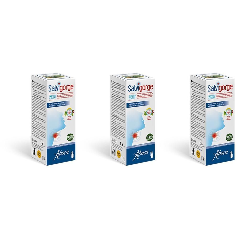 Drie verpakkingen Aboca Salvigorge 2Act spray met afbeelding van keel en mond.