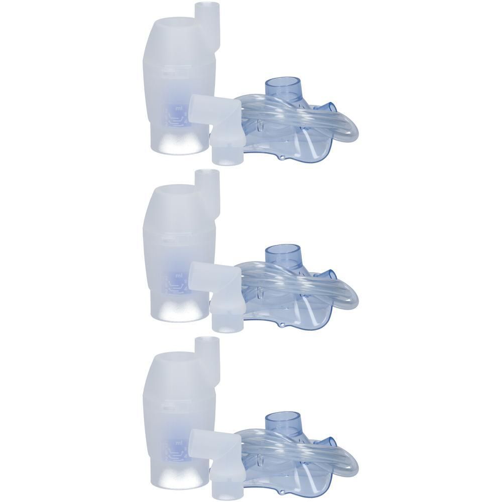 Trois ensembles de nébuliseurs avec réservoirs transparents et embouts buccaux bleus.