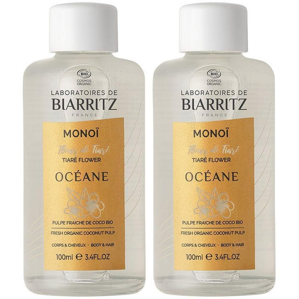 Twee flessen Monoi Tiaré Flower Océane olie van Laboratoires de Biarritz.