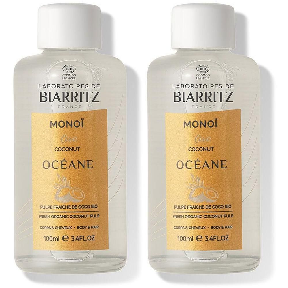 Twee flessen Monoi Coconut Océane olie van Laboratoires de Biarritz.