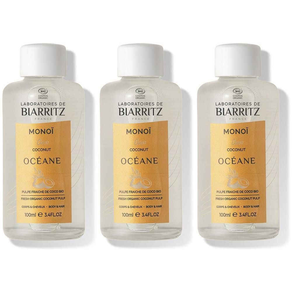 Drie flessen Monoi Océane Kokosolie van Laboratoires de Biarritz.