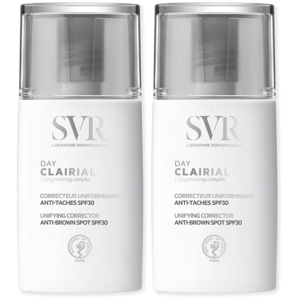 Twee witte flacons SVR Clairial Day SPF30 met pompdos.