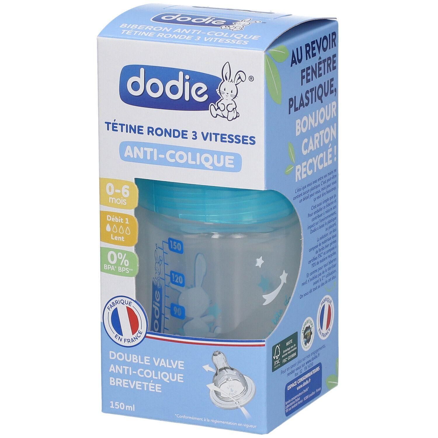 Biberon Dodie 150ml, 0-6 mois, tétine anti-colique, bleu.