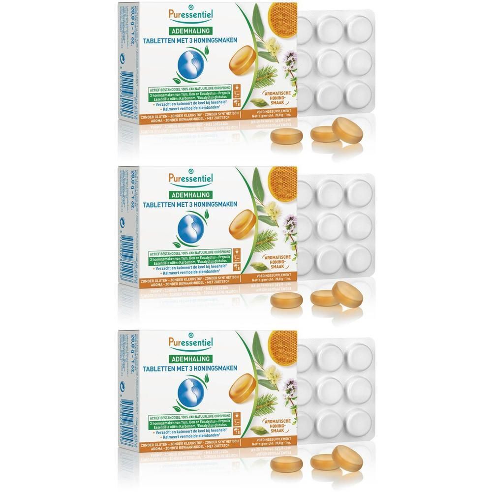 Trois boîtes de Puressentiel pastilles gorge miel, chacune avec 12 pastilles sous blister.